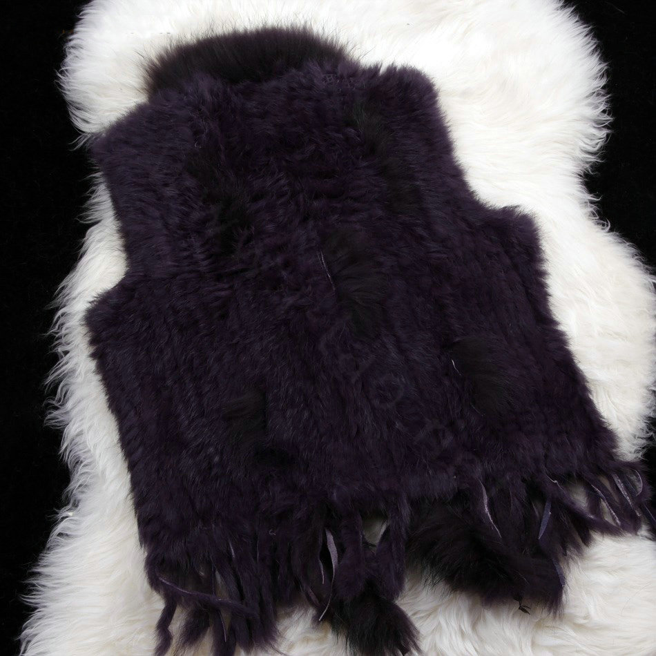 New Personality Real Rabbit Fur Vests Raccoon Fur Collar Women Knitted Fur Waistcoat - Dark Purple