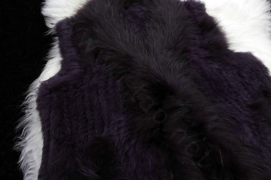 New Personality Real Rabbit Fur Vests Raccoon Fur Collar Women Knitted Fur Waistcoat - Dark Purple