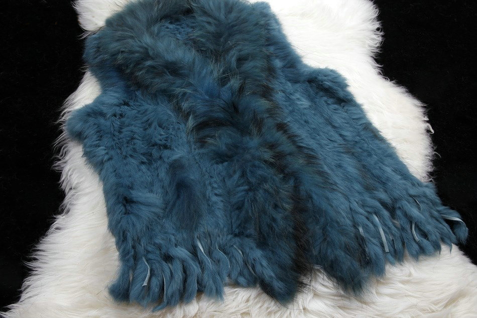 New Personality Real Rabbit Fur Vests Raccoon Fur Collar Women Knitted Fur Waistcoat - Peacock Blue