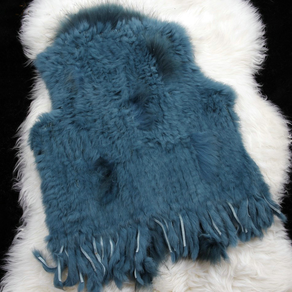 New Personality Real Rabbit Fur Vests Raccoon Fur Collar Women Knitted Fur Waistcoat - Peacock Blue