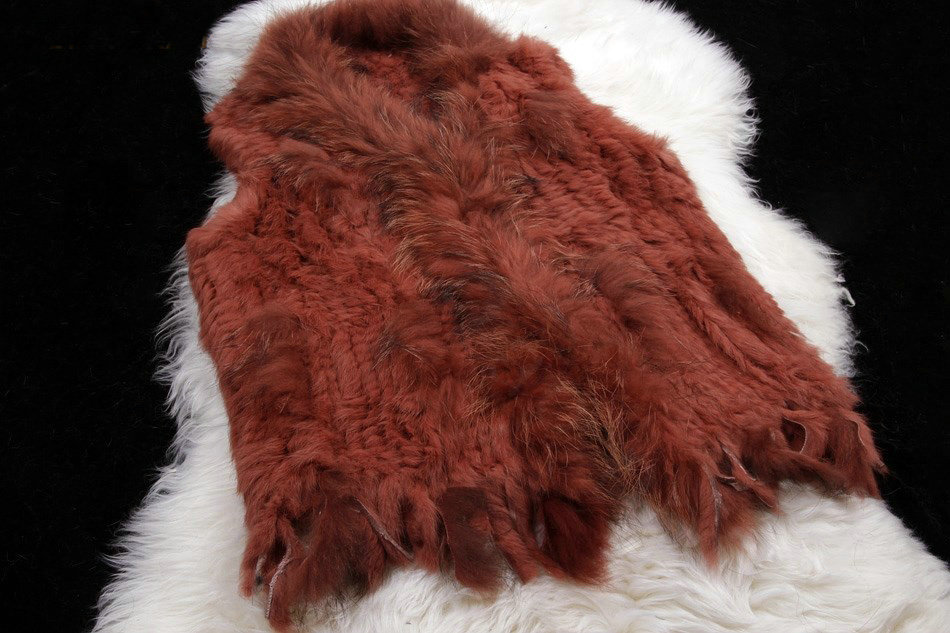 New Personality Real Rabbit Fur Vests Raccoon Fur Collar Women Knitted Fur Waistcoat - Rusty Red