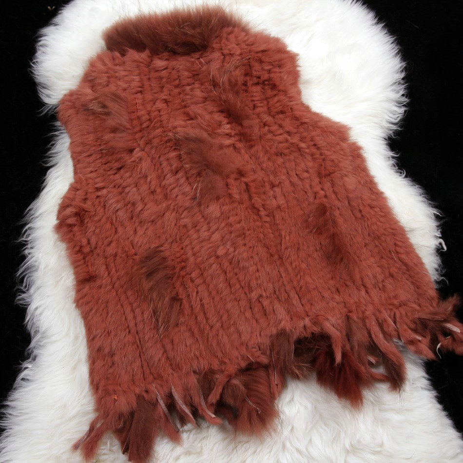 New Personality Real Rabbit Fur Vests Raccoon Fur Collar Women Knitted Fur Waistcoat - Rusty Red
