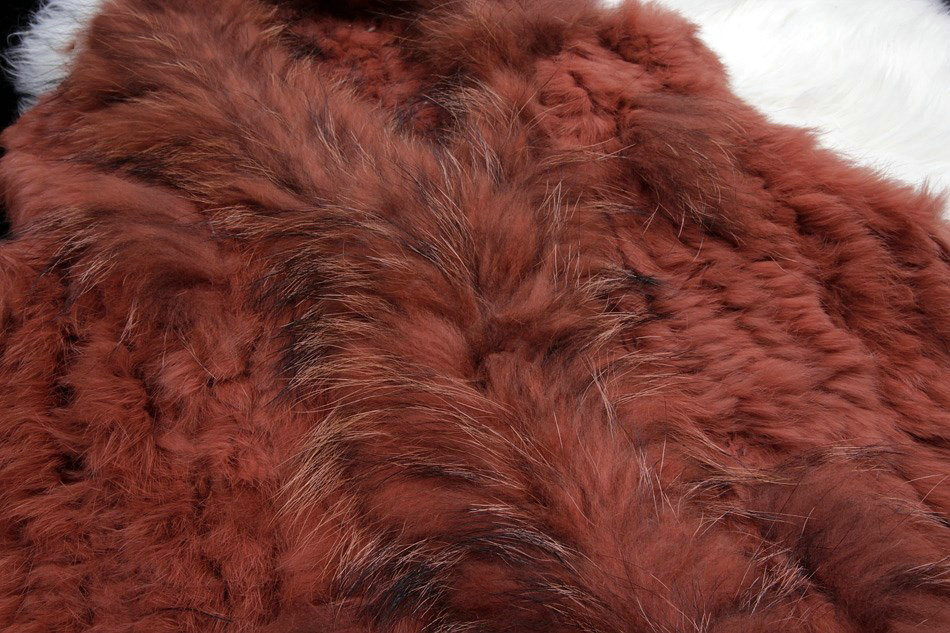 New Personality Real Rabbit Fur Vests Raccoon Fur Collar Women Knitted Fur Waistcoat - Rusty Red