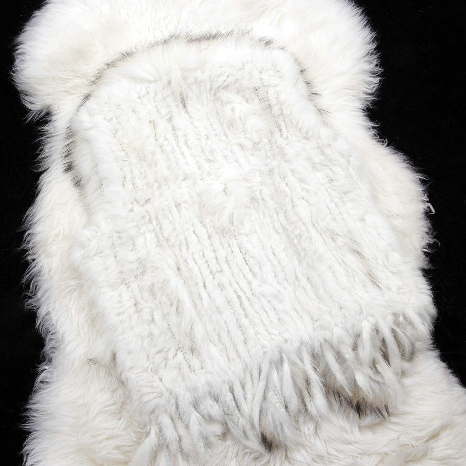 New Personality Real Rabbit Fur Vests Raccoon Fur Collar Women Knitted Fur Waistcoat - White Grey