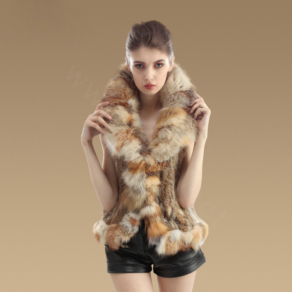 New Real Rabbit Fur Gilet With Large Fox Fur Collar Vest Knitted Fur Waistcoats - Nature Yellow