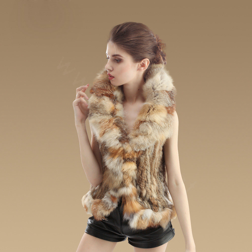 New Real Rabbit Fur Gilet With Large Fox Fur Collar Vest Knitted Fur Waistcoats - Nature Yellow