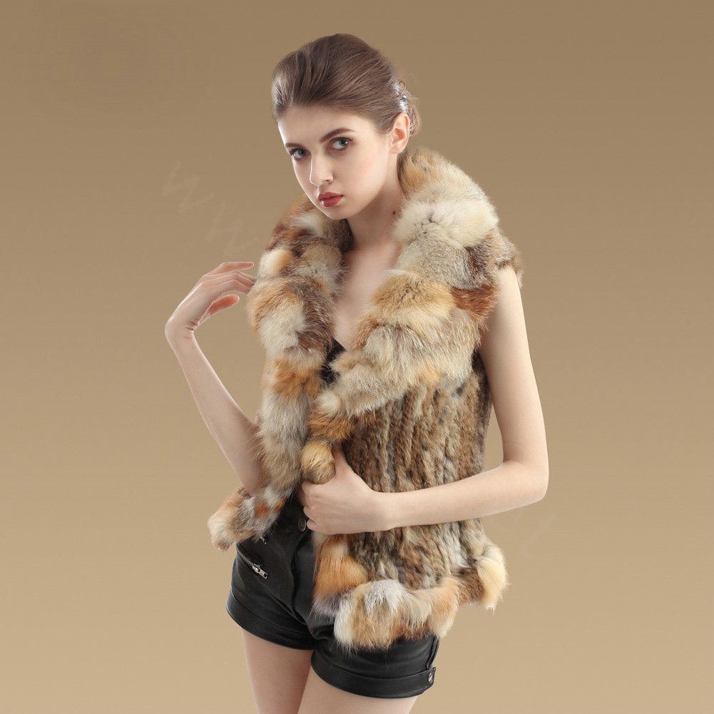 New Real Rabbit Fur Gilet With Large Fox Fur Collar Vest Knitted Fur Waistcoats - Nature Yellow