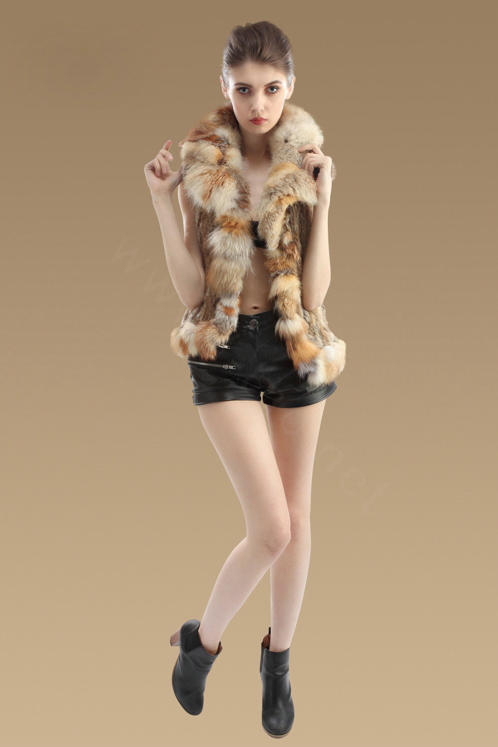 New Real Rabbit Fur Gilet With Large Fox Fur Collar Vest Knitted Fur Waistcoats - Nature Yellow