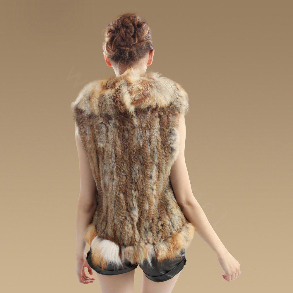 New Real Rabbit Fur Gilet With Large Fox Fur Collar Vest Knitted Fur Waistcoats - Nature Yellow