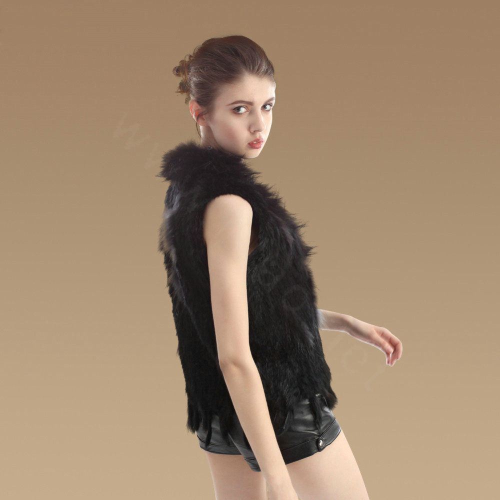 New Real Rabbit Fur Vest Fashion Raccoon Fur Collar Women Knitted Rabbit Fur Gilet - Black