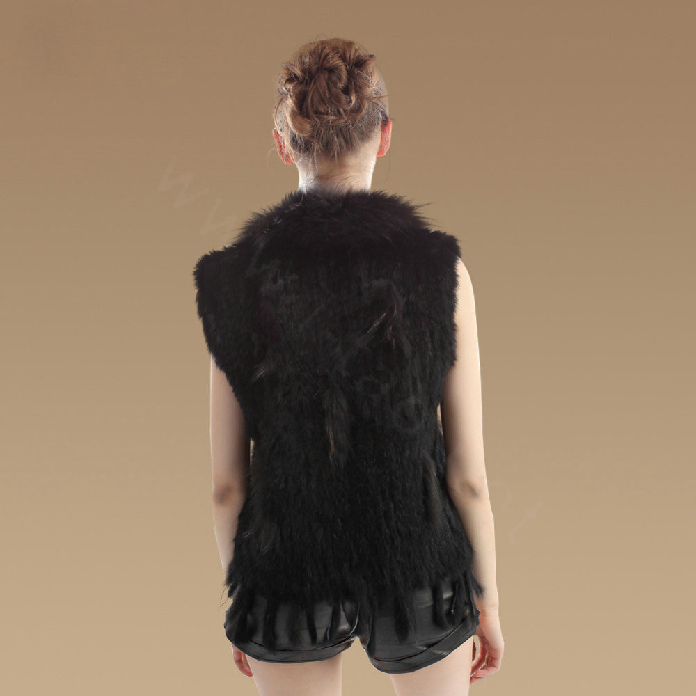 New Real Rabbit Fur Vest Fashion Raccoon Fur Collar Women Knitted Rabbit Fur Gilet - Black