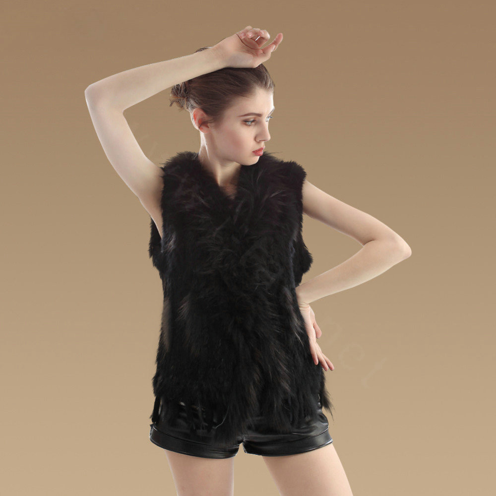 New Real Rabbit Fur Vest Fashion Raccoon Fur Collar Women Knitted Rabbit Fur Gilet - Black