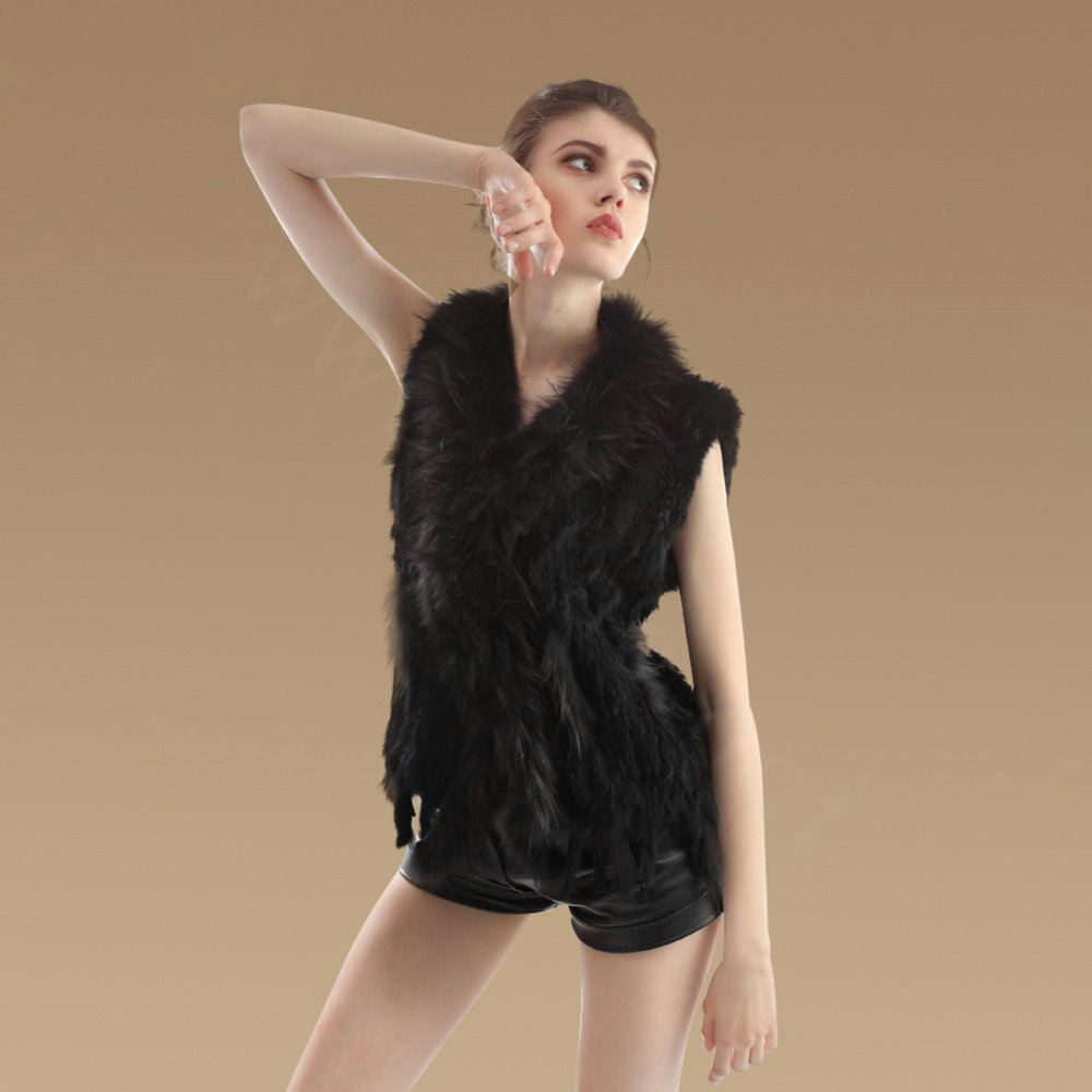 New Real Rabbit Fur Vest Fashion Raccoon Fur Collar Women Knitted Rabbit Fur Gilet - Black
