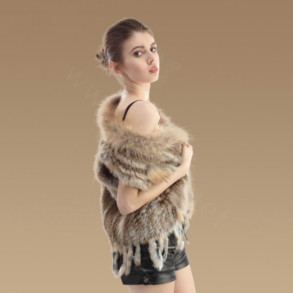 New Real Rabbit Fur Vest Fashion Raccoon Fur Collar Women Knitted Rabbit Fur Gilet - Natural Yellow