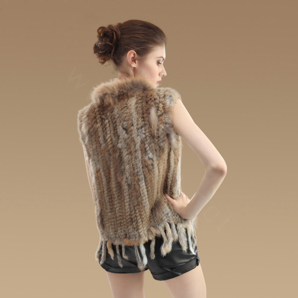 New Real Rabbit Fur Vest Fashion Raccoon Fur Collar Women Knitted Rabbit Fur Gilet - Natural Yellow