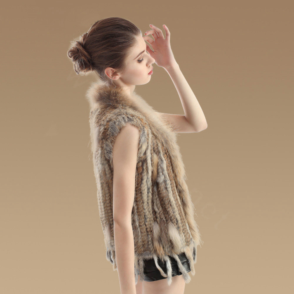 New Real Rabbit Fur Vest Fashion Raccoon Fur Collar Women Knitted Rabbit Fur Gilet - Natural Yellow