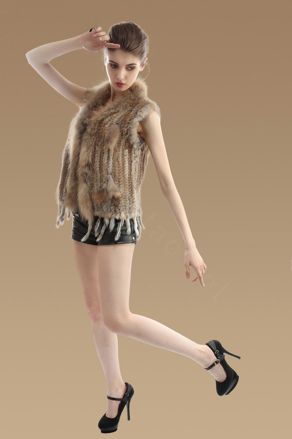 New Real Rabbit Fur Vest Fashion Raccoon Fur Collar Women Knitted Rabbit Fur Gilet - Natural Yellow