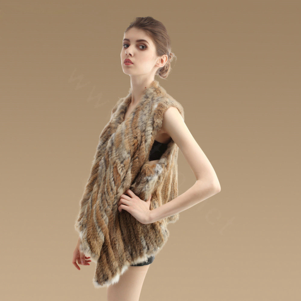 New Real Rabbit Fur Vests Fashion Women Knitted Rabbit Fur Winter Warm Waistcoats - Natural Yellow