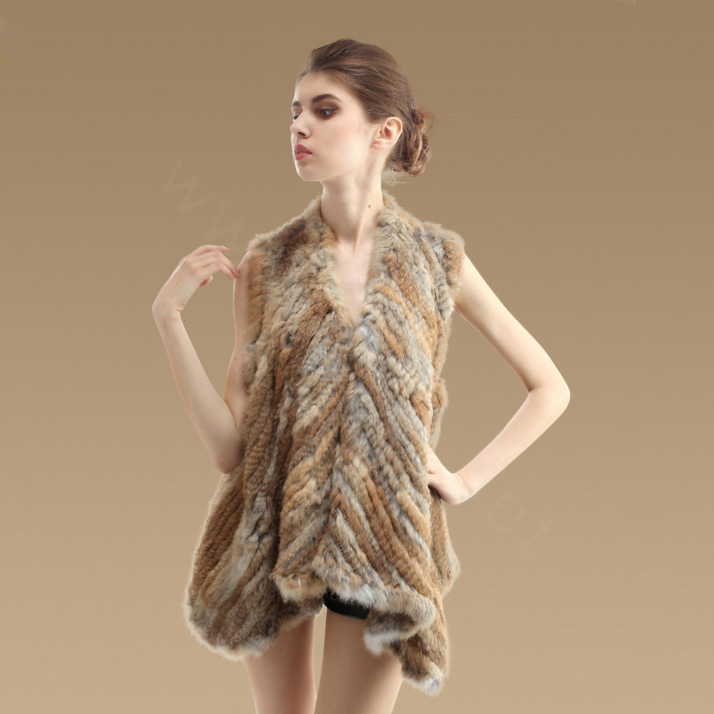 New Real Rabbit Fur Vests Fashion Women Knitted Rabbit Fur Winter Warm Waistcoats - Natural Yellow