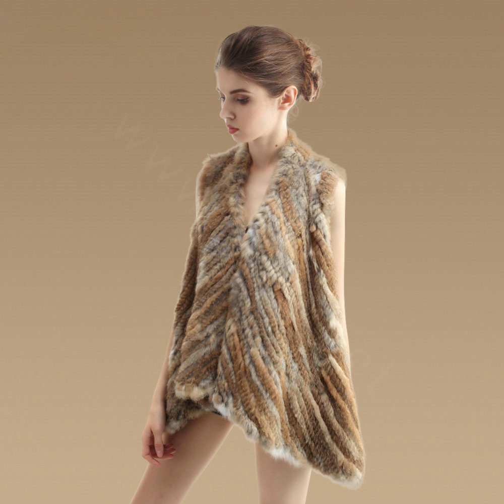 New Real Rabbit Fur Vests Fashion Women Knitted Rabbit Fur Winter Warm Waistcoats - Natural Yellow