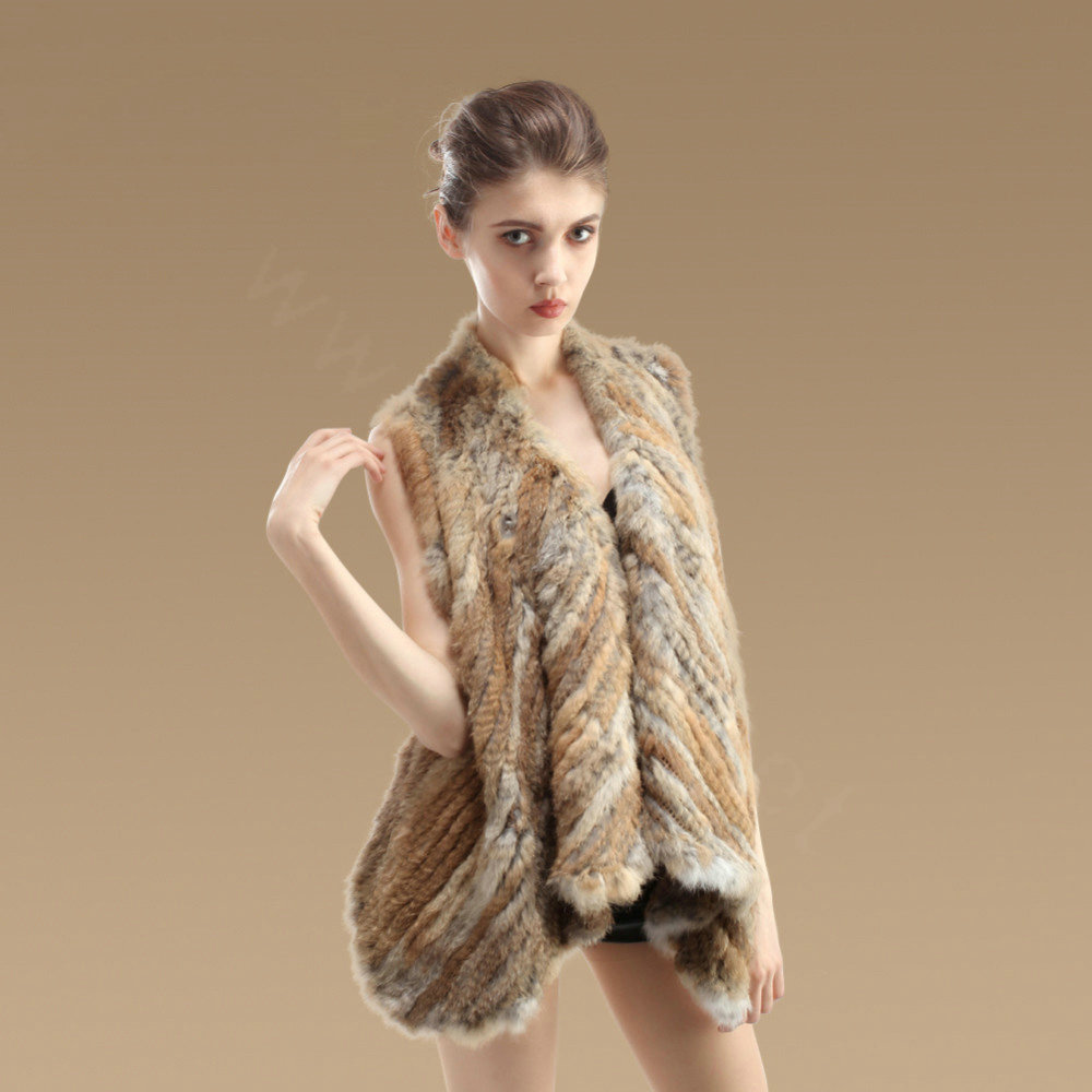 New Real Rabbit Fur Vests Fashion Women Knitted Rabbit Fur Winter Warm Waistcoats - Natural Yellow