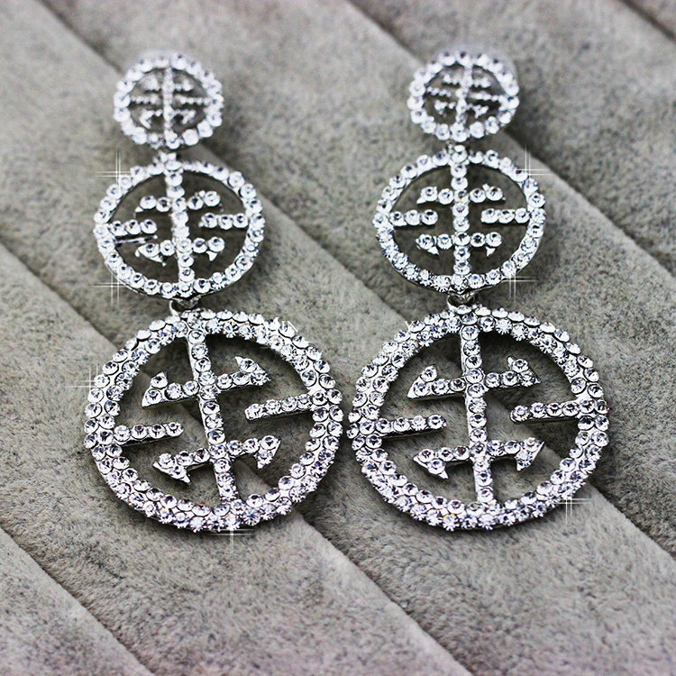New Silver Plated Exaggerated Circle Zinc Alloy Rhinestone Big Bridal Earrings for Women Jewelry