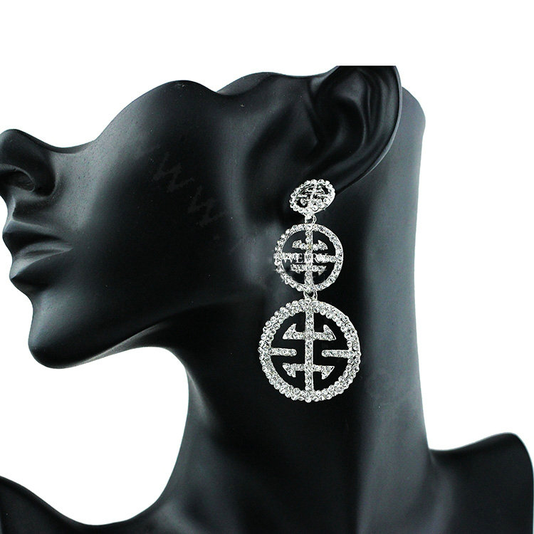 New Silver Plated Exaggerated Circle Zinc Alloy Rhinestone Big Bridal Earrings for Women Jewelry