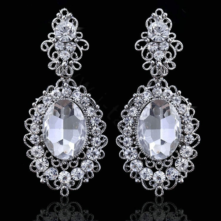 New Vintage Big Stone Crystal Flower Silver Plated Bridal Wedding Drop Earrings For Women
