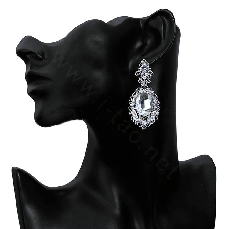 New Vintage Big Stone Crystal Flower Silver Plated Bridal Wedding Drop Earrings For Women