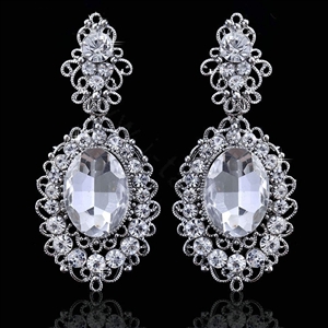 New Vintage Big Stone Crystal Flower Silver Plated Bridal Wedding Drop Earrings For Women