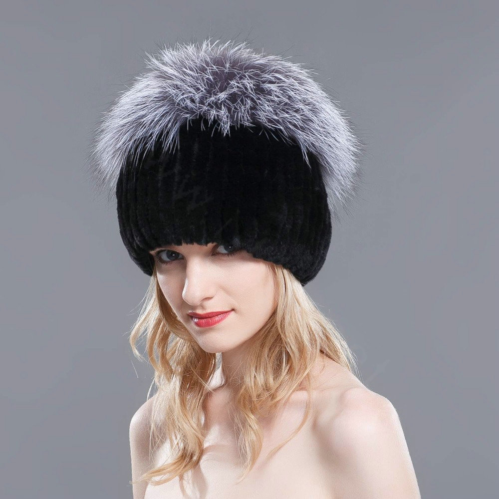 New Winter Genuine Rex Rabbit Fur Hat With Fox Fur Pom Poms Top Knitted Beanies For Women - Black