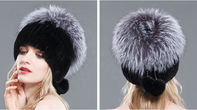 New Winter Genuine Rex Rabbit Fur Hat With Fox Fur Pom Poms Top Knitted Beanies For Women - Black