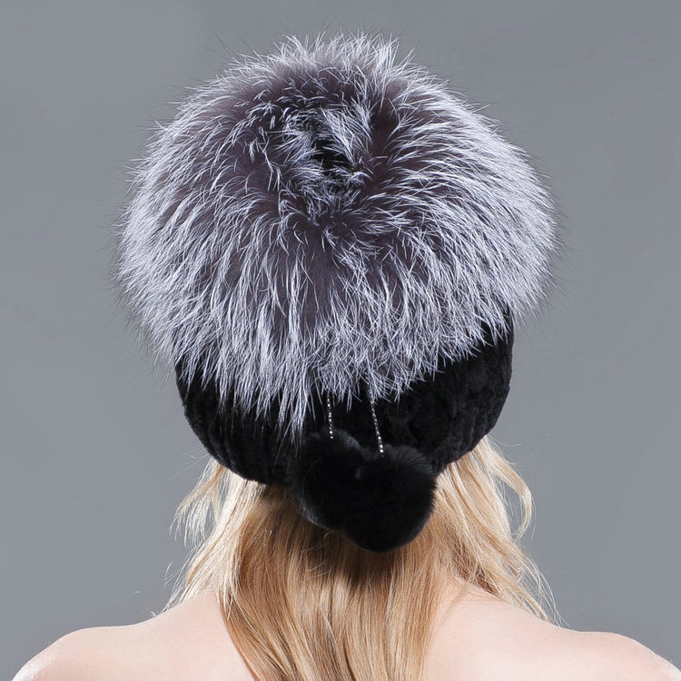 New Winter Genuine Rex Rabbit Fur Hat With Fox Fur Pom Poms Top Knitted Beanies For Women - Black
