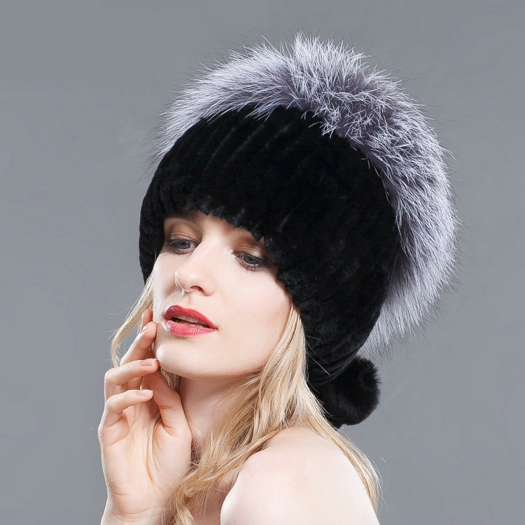 New Winter Genuine Rex Rabbit Fur Hat With Fox Fur Pom Poms Top Knitted Beanies For Women - Black