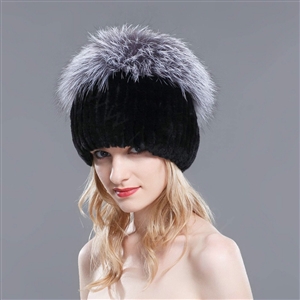 New Winter Genuine Rex Rabbit Fur Hat With Fox Fur Pom Poms Top Knitted Beanies For Women - Black