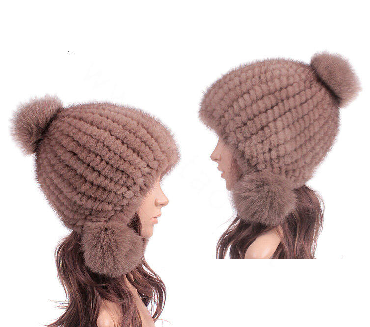 New Winter Real Mink Fur Hat With Fox Fur Balls Women Knitted Beanies Dome Caps - Light Coffee