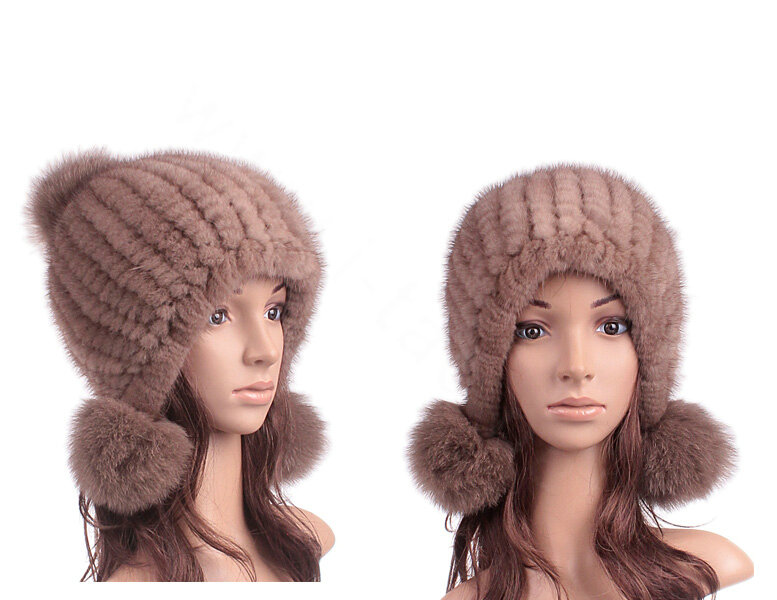 New Winter Real Mink Fur Hat With Fox Fur Balls Women Knitted Beanies Dome Caps - Light Coffee