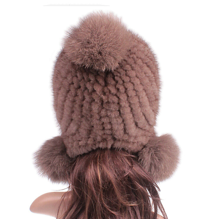 New Winter Real Mink Fur Hat With Fox Fur Balls Women Knitted Beanies Dome Caps - Light Coffee