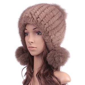 New Winter Real Mink Fur Hat With Fox Fur Balls Women Knitted Beanies Dome Caps - Light Coffee