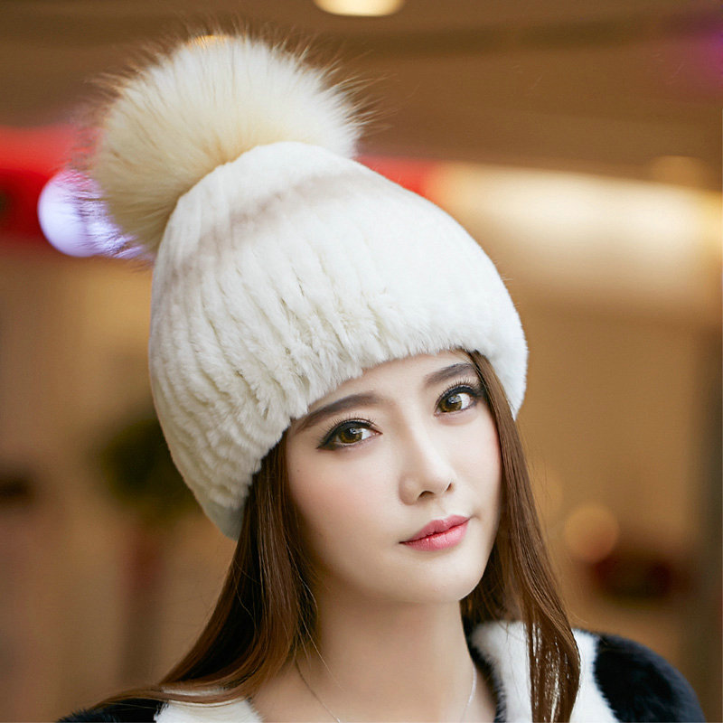 New Winter Real Rabbit Fur Hat With Raccoon Fur Ball Women Fashion Knitted Beanies Hat - Beige