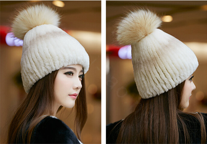 New Winter Real Rabbit Fur Hat With Raccoon Fur Ball Women Fashion Knitted Beanies Hat - Beige