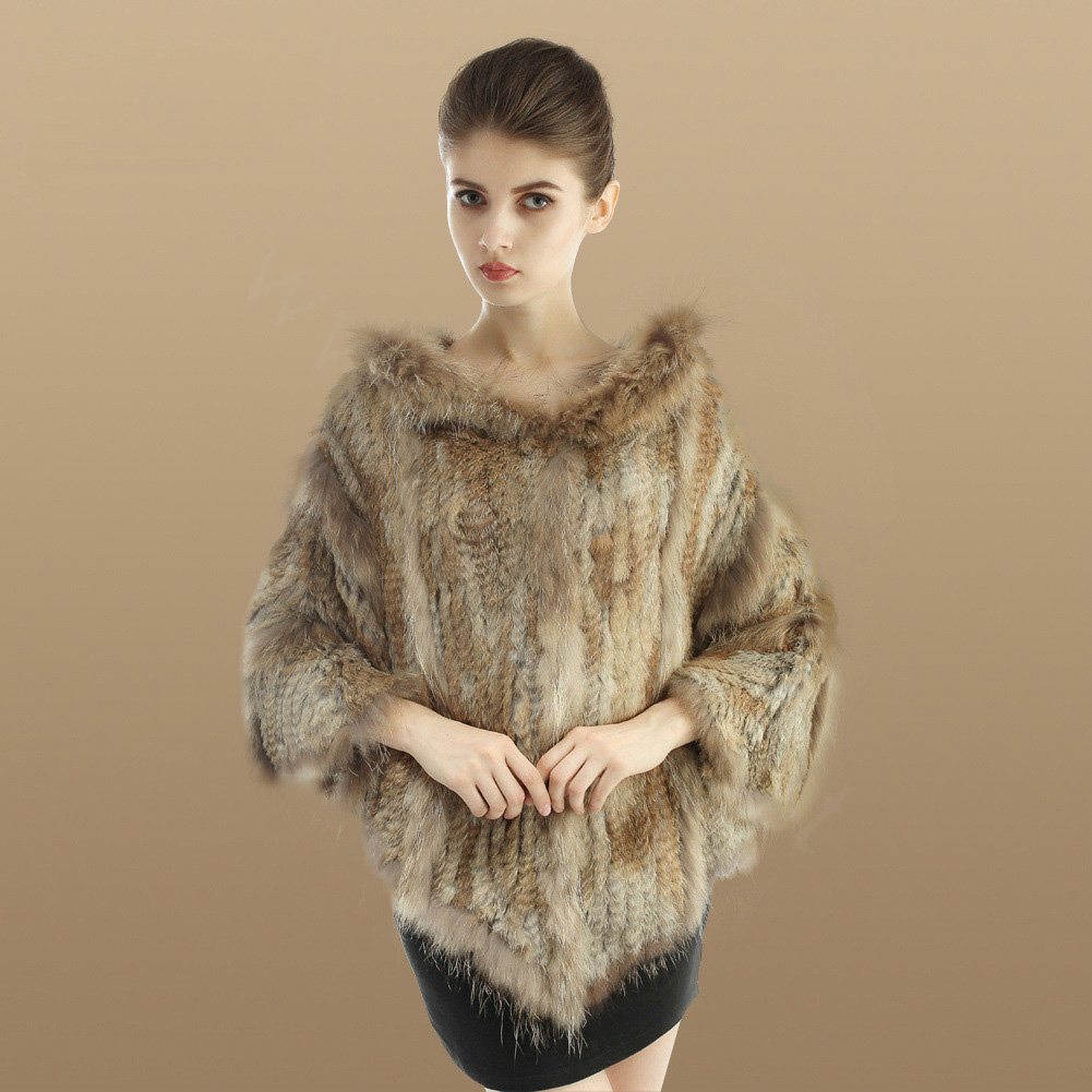 New Women Fashion Genuine Knit Rabbit Fur Poncho With Nature Raccoon Fur Hooded Shawl - Brown