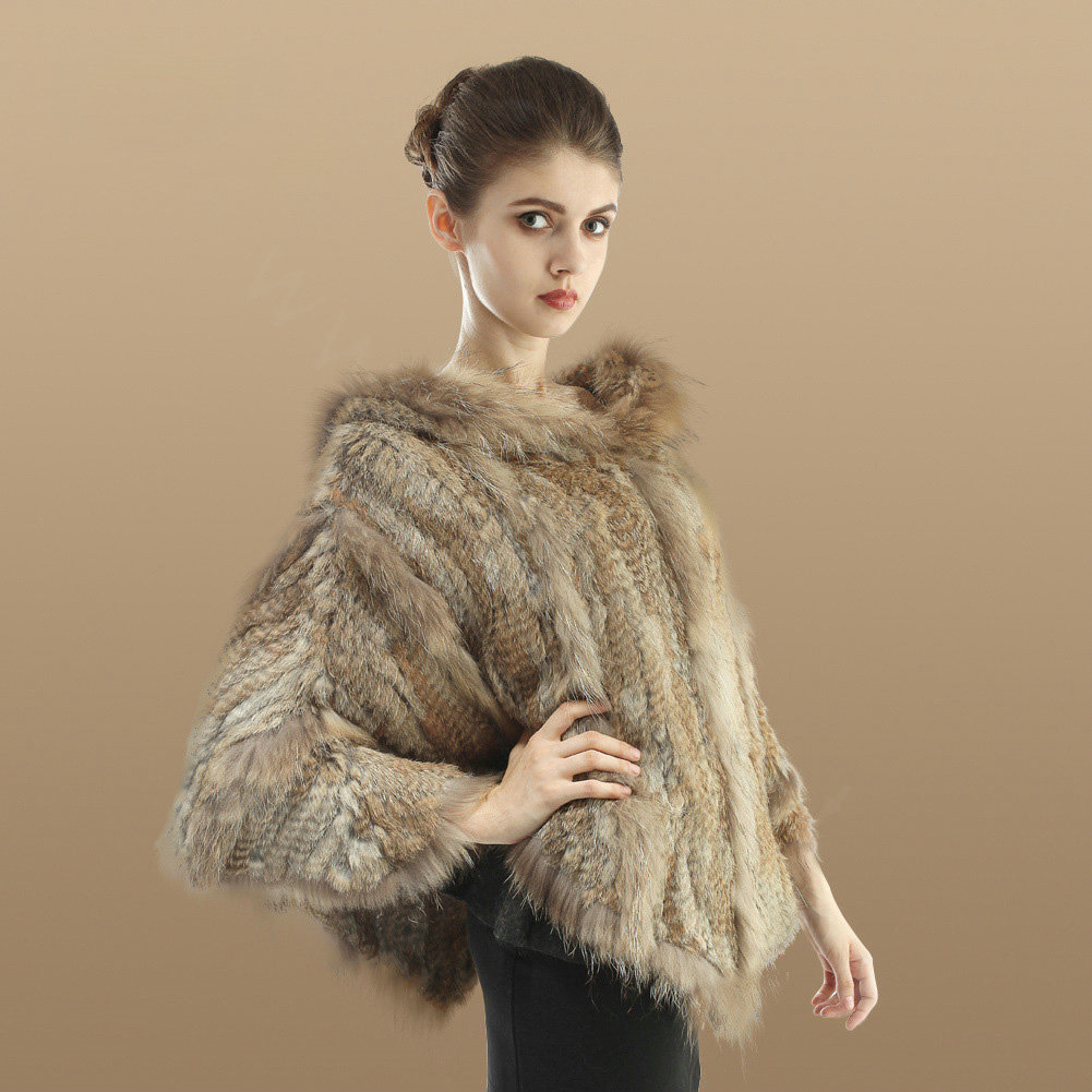 New Women Fashion Genuine Knit Rabbit Fur Poncho With Nature Raccoon Fur Hooded Shawl - Brown