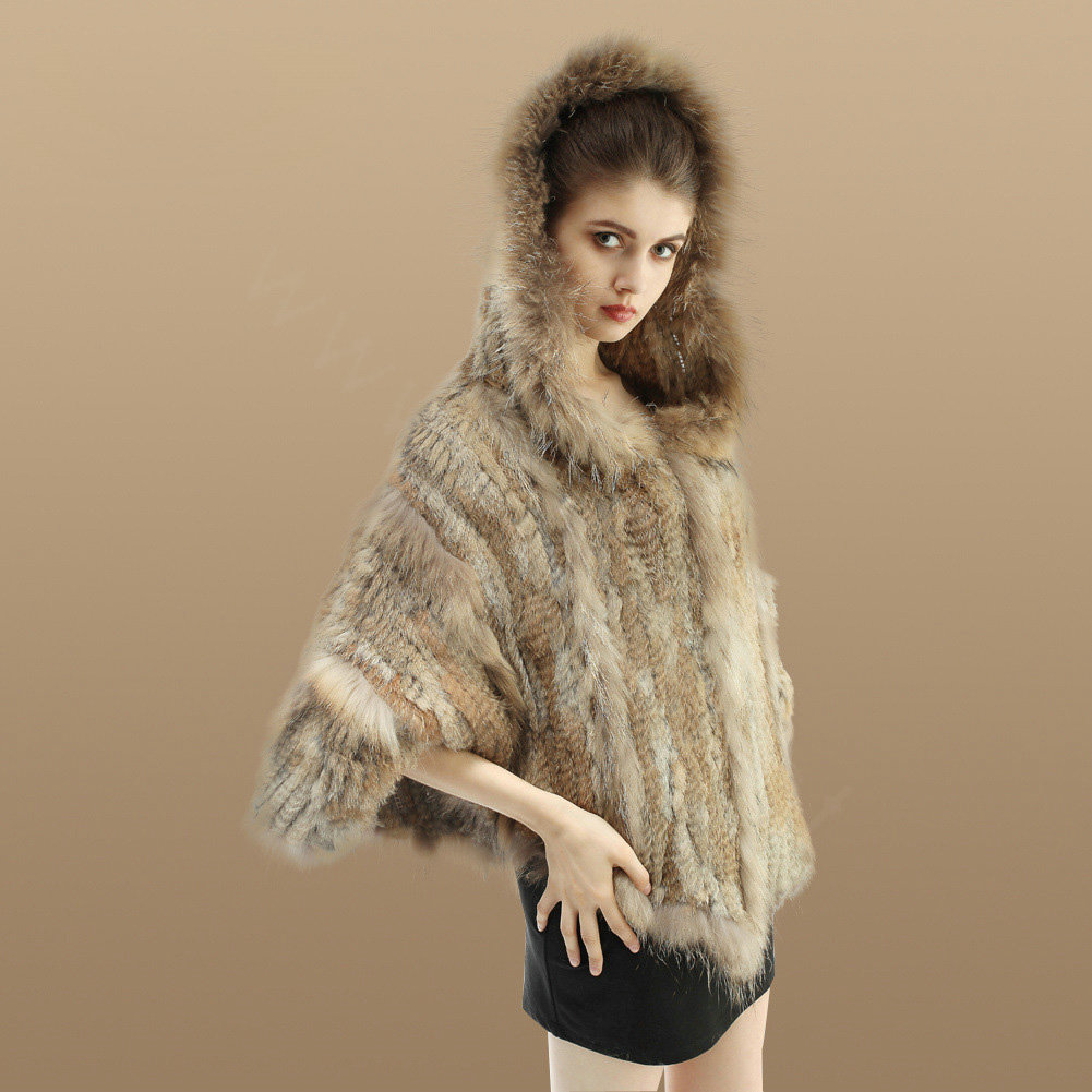 New Women Fashion Genuine Knit Rabbit Fur Poncho With Nature Raccoon Fur Hooded Shawl - Brown