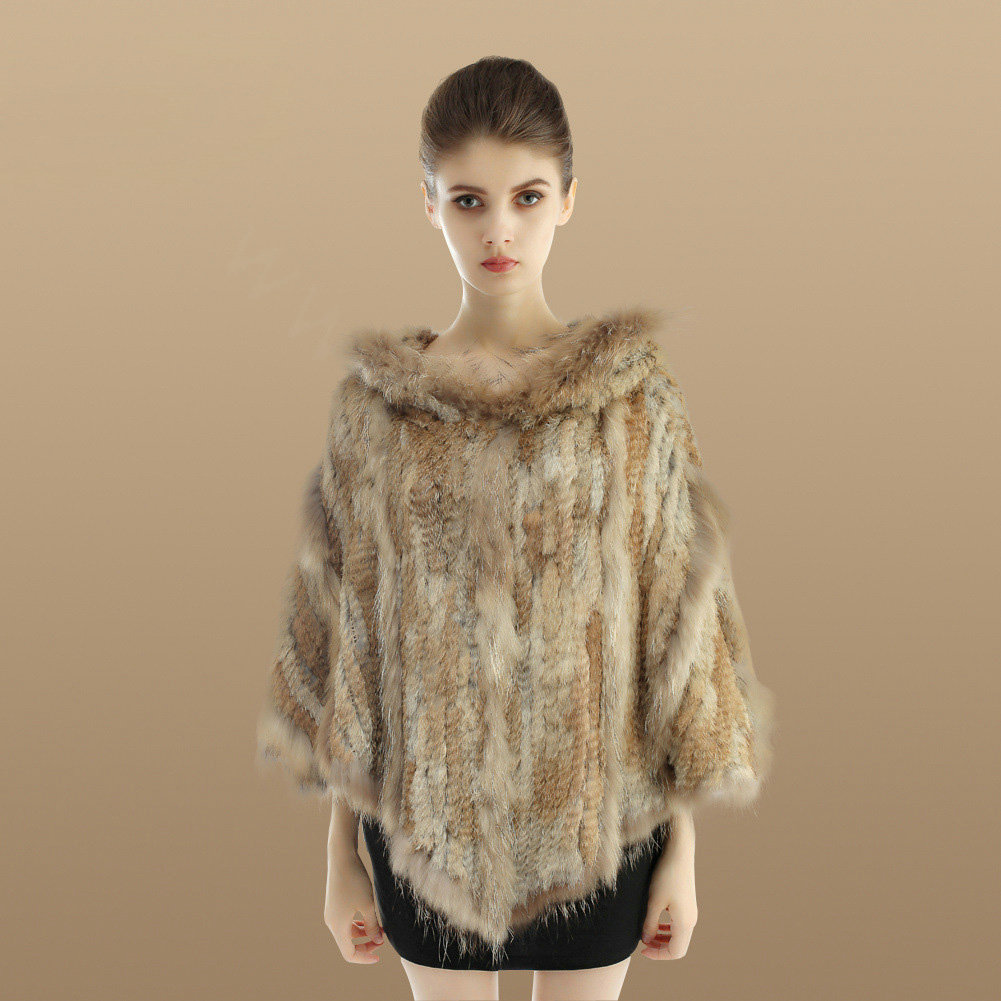 New Women Fashion Genuine Knit Rabbit Fur Poncho With Nature Raccoon Fur Hooded Shawl - Brown