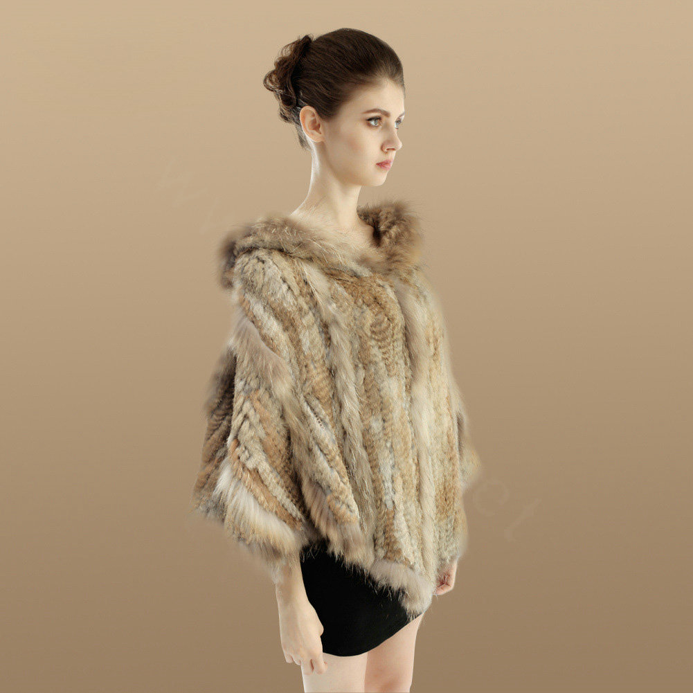 New Women Fashion Genuine Knit Rabbit Fur Poncho With Nature Raccoon Fur Hooded Shawl - Brown