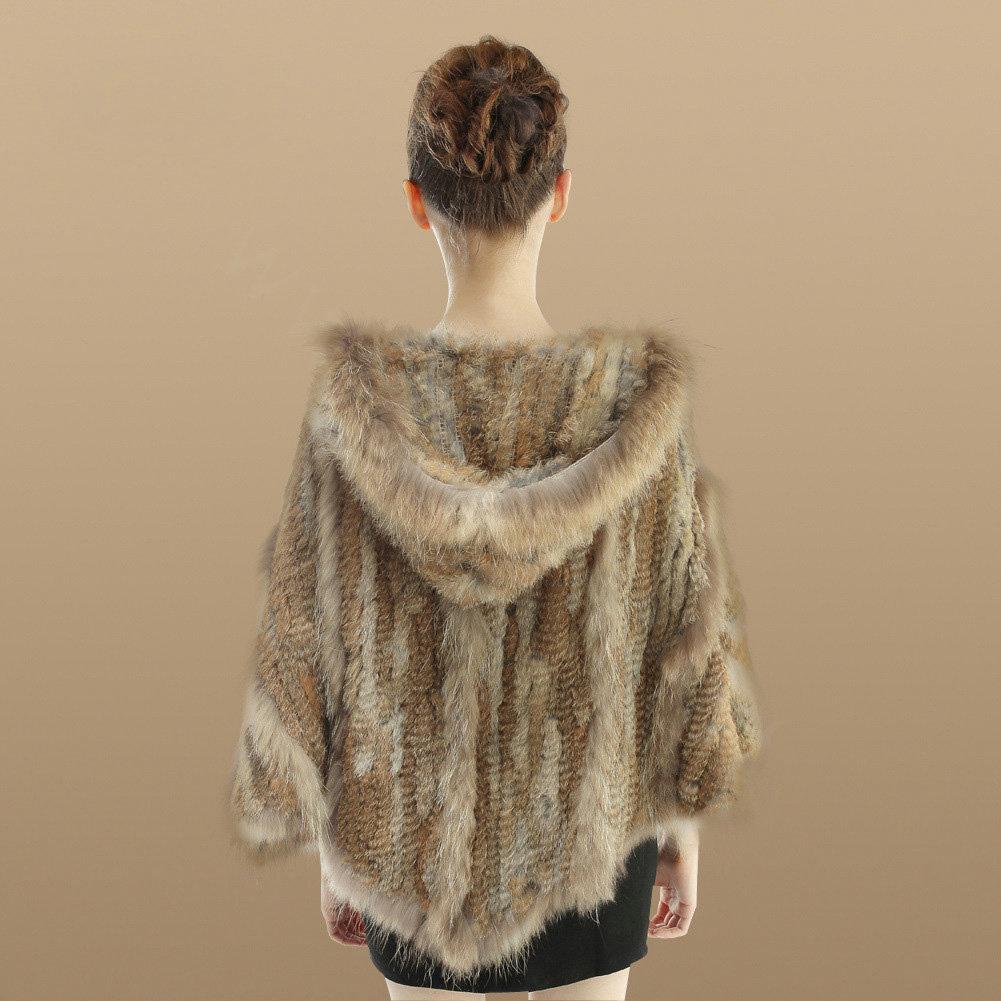 New Women Fashion Genuine Knit Rabbit Fur Poncho With Nature Raccoon Fur Hooded Shawl - Brown