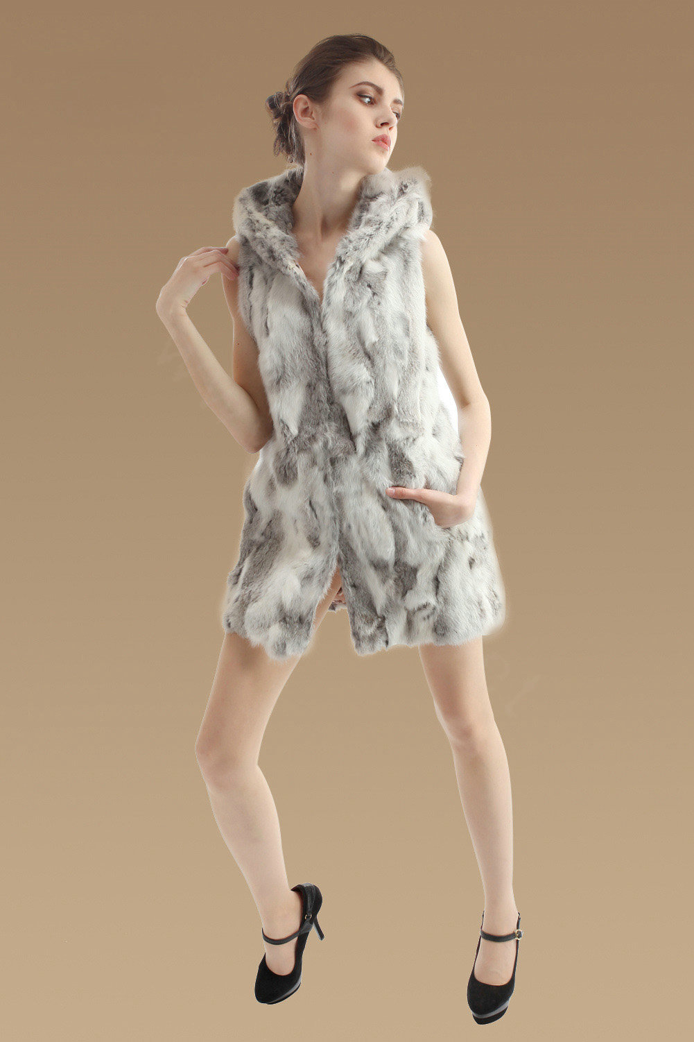 New Women Genuine Rabbit Fur Vest With Hooded Natural Rabbit Fur Waistcoats - Nature Grey