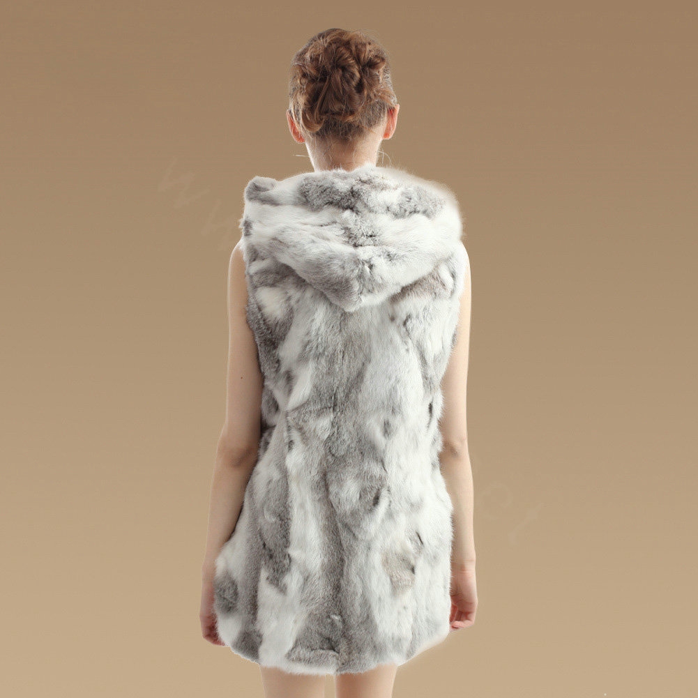 New Women Genuine Rabbit Fur Vest With Hooded Natural Rabbit Fur Waistcoats - Nature Grey