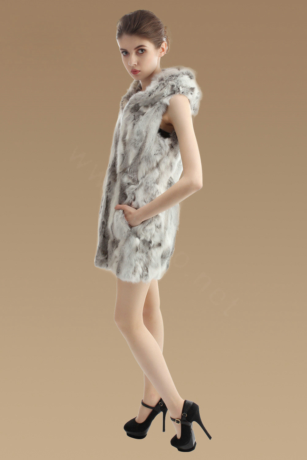 New Women Genuine Rabbit Fur Vest With Hooded Natural Rabbit Fur Waistcoats - Nature Grey